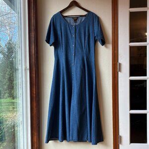VTG 90s Eddie Bauer Denim Maxi Dress Prairie Button Down Fit Flare Size L Scoop